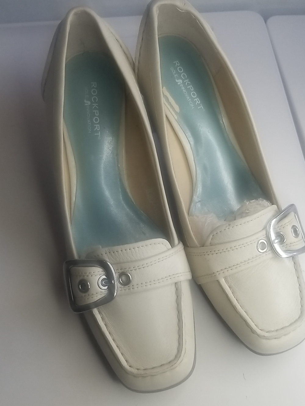 Rockport Women's Cream Leather Buckle Loafers with Silver Hardware
